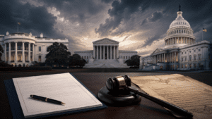 White House, U.S. Capitol, and Supreme Court representing executive power in America