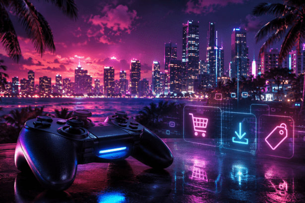 Neon gaming city with controller and digital pre-order screen representing GTA 6 price and digital shift