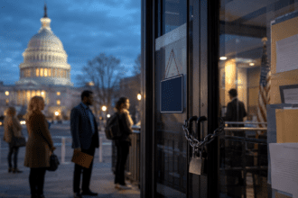 U.S. Capitol and closed federal office representing government shutdown explained