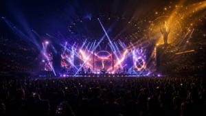 Concert stage with dramatic lighting, large crowd silhouette, and award show atmosphere representing 2026 music trends