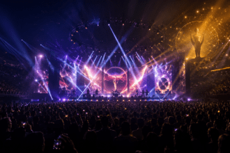 Concert stage with dramatic lighting, large crowd silhouette, and award show atmosphere representing 2026 music trends