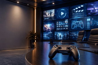 Modern entertainment studio office with gaming controller and digital screens representing Paramount Games Studio