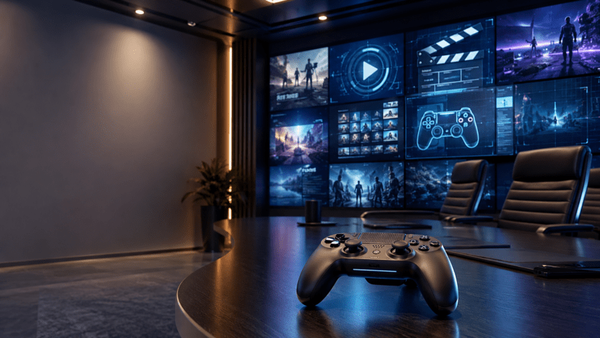 Modern entertainment studio office with gaming controller and digital screens representing Paramount Games Studio