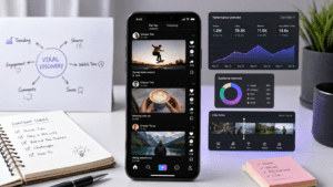Vertical short-form videos on a smartphone showing social media feeds, creators, likes, comments, and shares