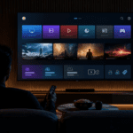 Smart TV showing generic streaming tiles with ads, bundles and subscription choices in a modern living room