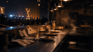 A professional kitchen at night bathed in dramatic lighting, representing the finale of a prestige TV show entering the Emmy Awards race