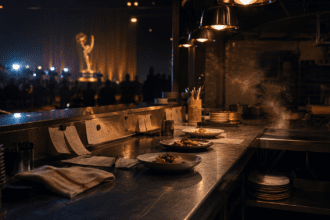 A professional kitchen at night bathed in dramatic lighting, representing the finale of a prestige TV show entering the Emmy Awards race