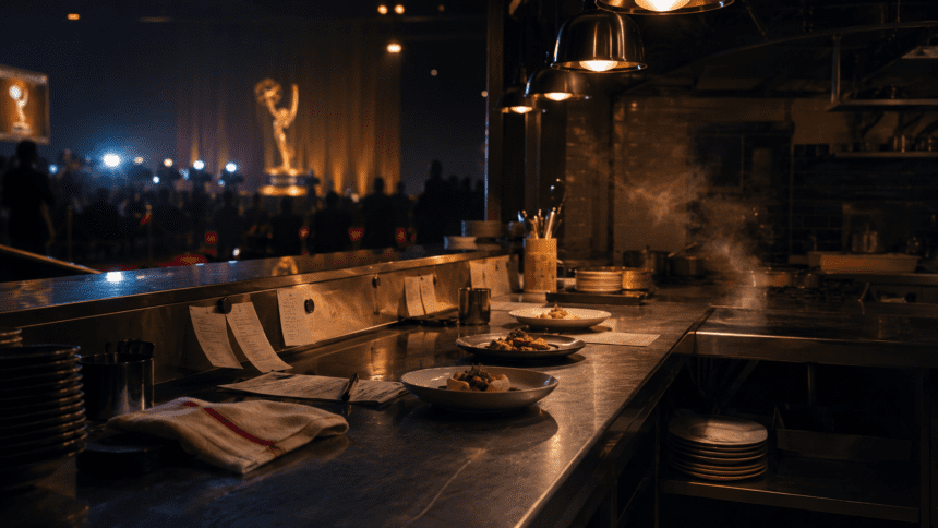 A professional kitchen at night bathed in dramatic lighting, representing the finale of a prestige TV show entering the Emmy Awards race