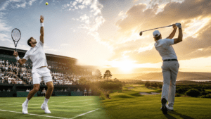 Split editorial scene showing a tennis player at Wimbledon and a golfer on a PGA Tour course, symbolizing tennis and golf entering a new era