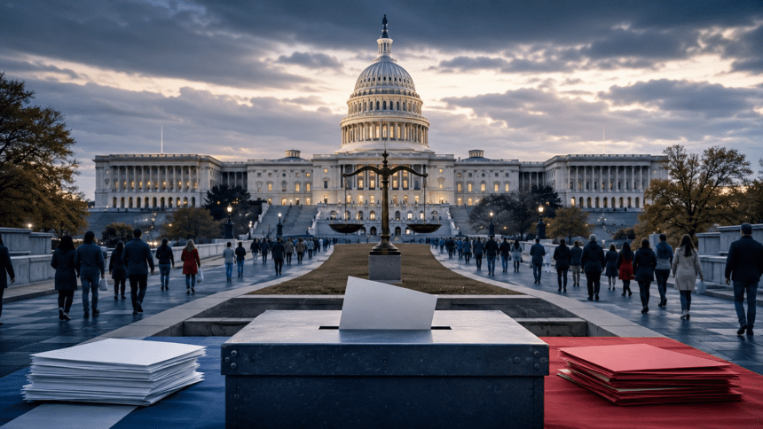 U.S. Capitol with ballots representing U.S. Midterm Elections 2026 Senate and House control