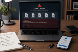 Laptop screen showing ransomware warning with locked files and cybersecurity protection icons
