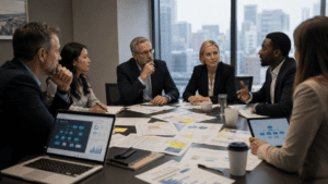 Corporate office with employees, AI dashboard, and restructuring documents representing company layoffs in 2026