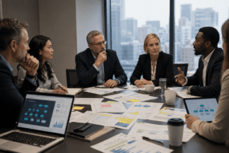 Corporate office with employees, AI dashboard, and restructuring documents representing company layoffs in 2026