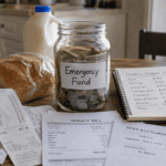Emergency fund savings jar with household bills and grocery receipts showing high prices