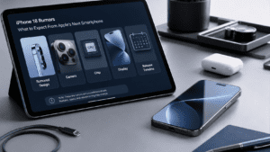 Concept smartphone with iPhone 18 rumors showing camera, display, chip, and release timeline details