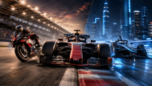 Motorsports racing new era featuring Formula 1, MotoGP, and Formula E vehicles