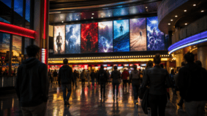 Movie theater marquee representing the rise of franchise films, superhero movies, and animated reboots in 2026