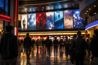 Movie theater marquee representing the rise of franchise films, superhero movies, and animated reboots in 2026