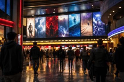 Movie theater marquee representing the rise of franchise films, superhero movies, and animated reboots in 2026