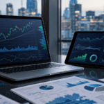 Modern financial desk with stock market charts representing the stock market outlook