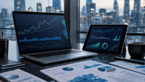 Modern financial desk with stock market charts representing the stock market outlook