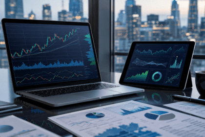 Modern financial desk with stock market charts representing the stock market outlook