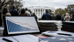White House with polling chart and American voters