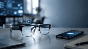 AI smart glasses showing wearable technology with camera, AI assistant and augmented reality display