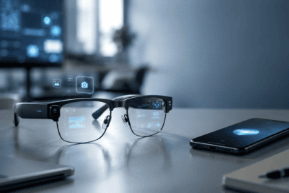 AI smart glasses showing wearable technology with camera, AI assistant and augmented reality display