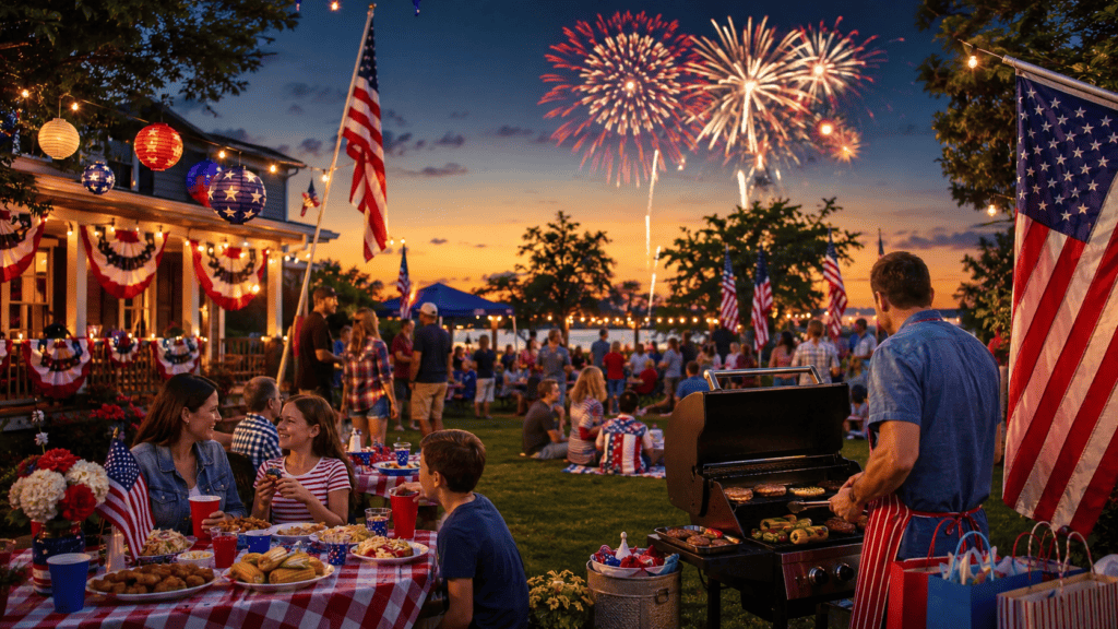 America 250 Fourth of July celebration with fireworks, flags, and holiday shopping deals