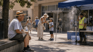 People staying hydrated during an extreme heat warning with sun and high temperature alert