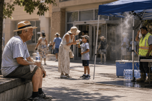 People staying hydrated during an extreme heat warning with sun and high temperature alert