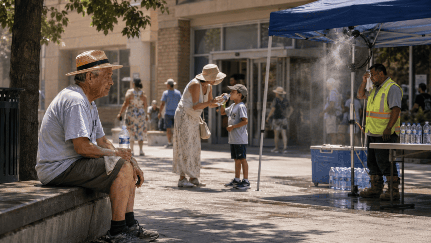 People staying hydrated during an extreme heat warning with sun and high temperature alert