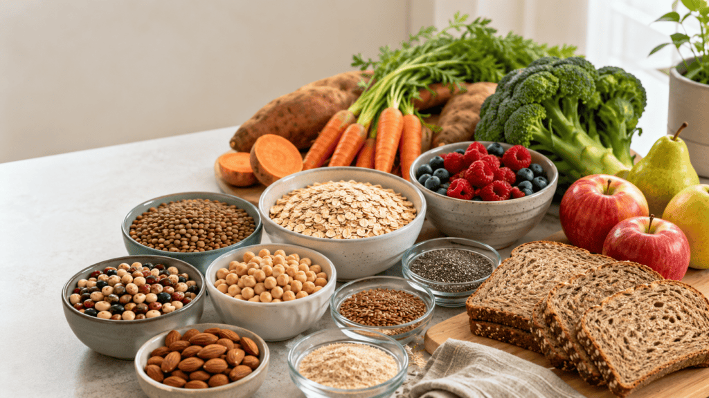 Fiber-rich foods including oats, beans, fruits, vegetables and seeds for gut health and constipation support