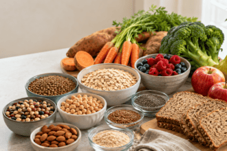 Fiber-rich foods including oats, beans, fruits, vegetables and seeds for gut health and constipation support