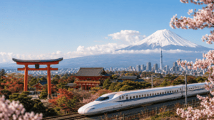 Japan travel guide showing Tokyo, Kyoto, Mount Fuji, temples, and bullet trains for first-time visitors