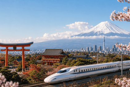 Japan travel guide showing Tokyo, Kyoto, Mount Fuji, temples, and bullet trains for first-time visitors