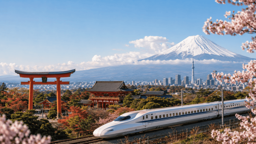 Japan travel guide showing Tokyo, Kyoto, Mount Fuji, temples, and bullet trains for first-time visitors