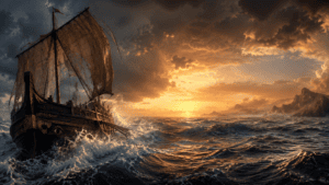 The Odyssey Movie 2026 inspired epic sea journey with ancient Greek ship and IMAX cinematic atmosphere