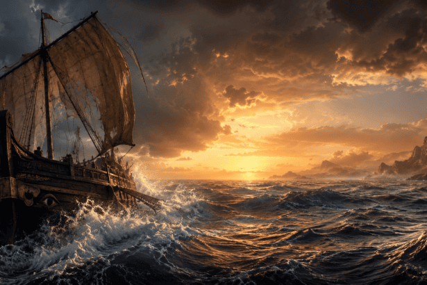 The Odyssey Movie 2026 inspired epic sea journey with ancient Greek ship and IMAX cinematic atmosphere