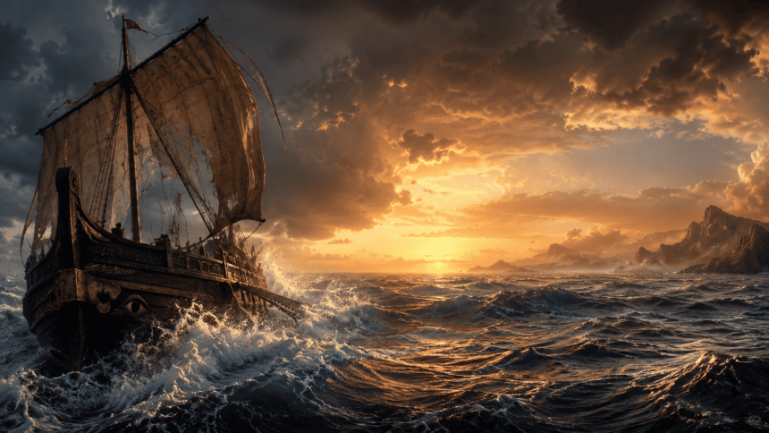 The Odyssey Movie 2026 inspired epic sea journey with ancient Greek ship and IMAX cinematic atmosphere