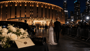 Celebrity couple walking toward a New York wedding event with media and fans