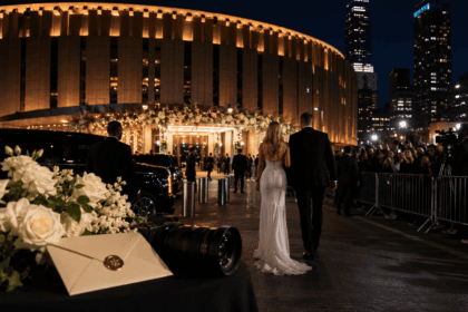 Celebrity couple walking toward a New York wedding event with media and fans