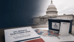US Senate Elections 2026 with Capitol building, ballot papers and election map showing Senate balance of power