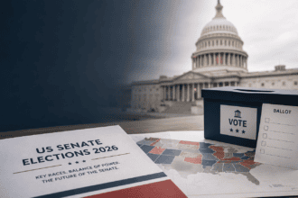 US Senate Elections 2026 with Capitol building, ballot papers and election map showing Senate balance of power