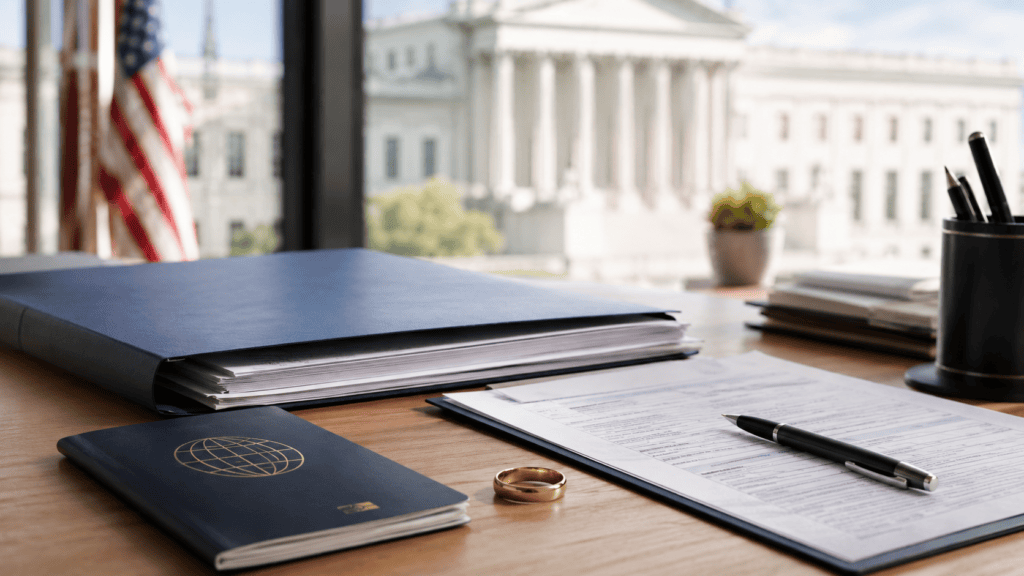 U.S. immigration paperwork and passport representing Trump green card marriage rules in 2026