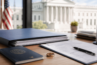 U.S. immigration paperwork and passport representing Trump green card marriage rules in 2026