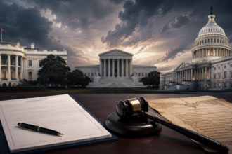 White House, U.S. Capitol, and Supreme Court representing executive power in America