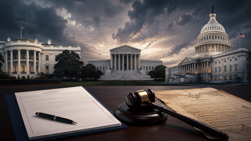 White House, U.S. Capitol, and Supreme Court representing executive power in America