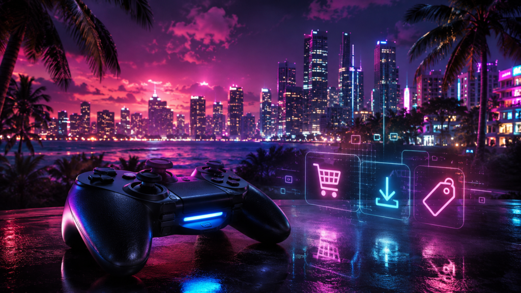 Neon gaming city with controller and digital pre-order screen representing GTA 6 price and digital shift